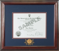 UBC glossy mahogany finish wood diploma frame with 24k Gold plated medallion